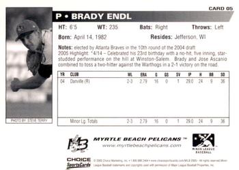2005 Choice Myrtle Beach Pelicans #05 Brady Endl Back
