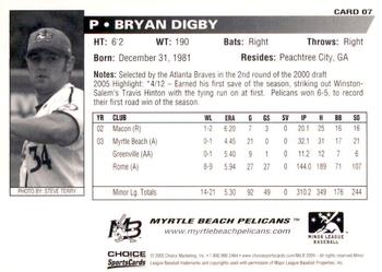 2005 Choice Myrtle Beach Pelicans #07 Bryan Digby Back
