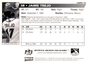 2005 Choice Myrtle Beach Pelicans #13 Jaime Trejo Back
