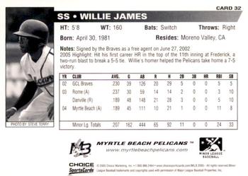 2005 Choice Myrtle Beach Pelicans #32 Willie James Back