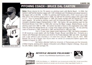 2005 Choice Myrtle Beach Pelicans #36 Bruce Dal Canton Back