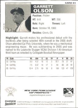 2005 Choice New York-Penn League Top Prospects #01 Garrett Olson Back