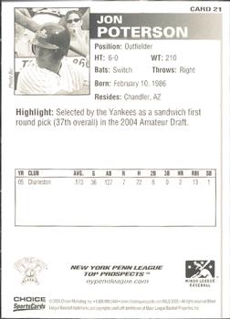 2005 Choice New York-Penn League Top Prospects #21 Jon Poterson Back