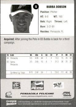 2005 Choice Pensacola Pelicans #5 Bubba Dobson Back