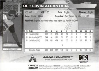 2005 Choice Salem Avalanche #03 Ervin Alcantara Back