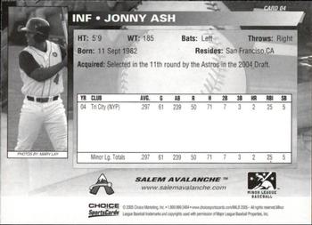 2005 Choice Salem Avalanche #04 Jonny Ash Back