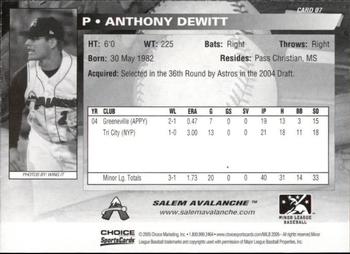 2005 Choice Salem Avalanche #07 Anthony Dewitt Back