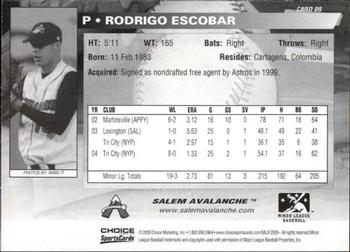 2005 Choice Salem Avalanche #09 Rodrigo Escobar Back