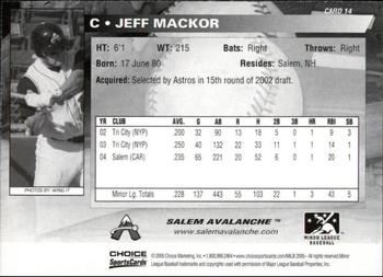 2005 Choice Salem Avalanche #14 Jeff Mackor Back
