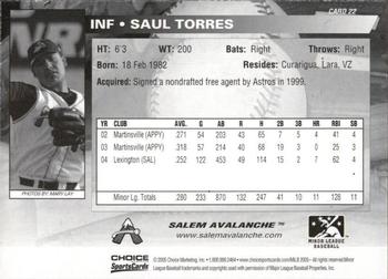 2005 Choice Salem Avalanche #22 Saul Torres Back
