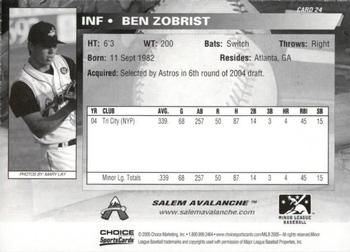2005 Choice Salem Avalanche #24 Ben Zobrist Back