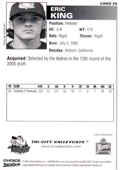 2005 Choice Tri-City ValleyCats #25 Eric King Back