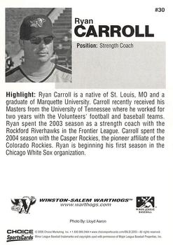 2005 Choice Winston-Salem Warthogs #30 Ryan Carroll Back