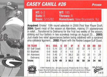 2005 MultiAd Delmarva Shorebirds #3 Casey Cahill Back