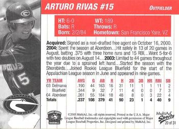 2005 MultiAd Delmarva Shorebirds #20 Arturo Rivas Back