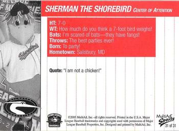 2005 MultiAd Delmarva Shorebirds #31 Sherman the Shorebird Back