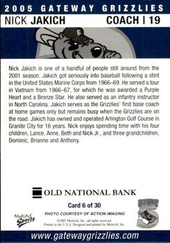 2005 MultiAd Gateway Grizzlies #6 Nick Jakich Back