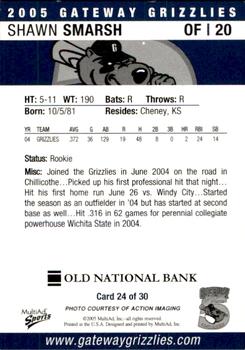2005 MultiAd Gateway Grizzlies #24 Shawn Smarsh Back