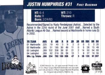 2005 MultiAd Lexington Legends #27 Justin Humphries Back