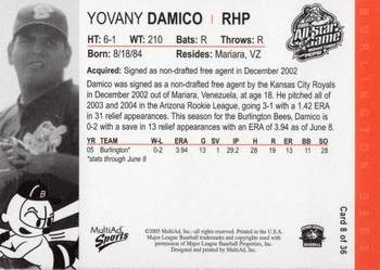 2005 MultiAd Midwest League All-Stars Western Division #8 Yovany Damico Back