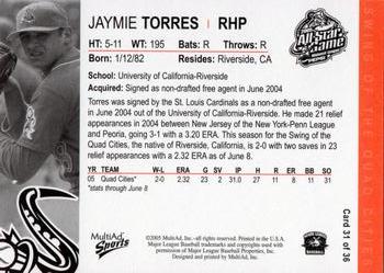 2005 MultiAd Midwest League All-Stars Western Division #31 Jaymie Torres Back