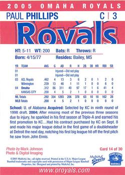 2005 MultiAd Omaha Royals #14 Paul Phillips Back