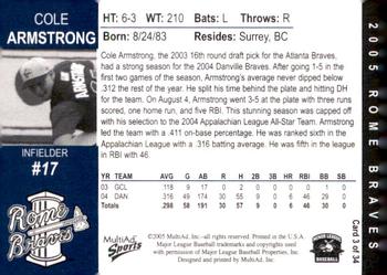 2005 MultiAd Rome Braves #3 Cole Armstrong Back