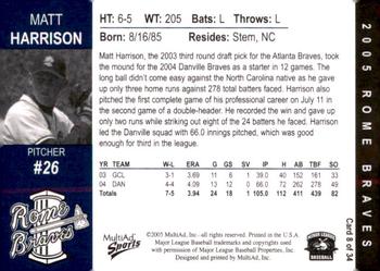 2005 MultiAd Rome Braves #8 Matt Harrison Back