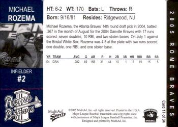 2005 MultiAd Rome Braves #17 Michael Rozema Back