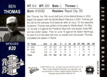 2005 MultiAd Rome Braves #23 Ben Thomas Back