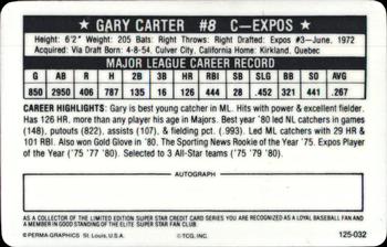 1981 Perma-Graphics Superstar Credit Cards (125- prefix) #125-032 Gary Carter Back