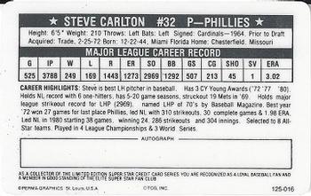 1981 Perma-Graphics Superstar Credit Cards (125- prefix) #125-016 Steve Carlton Back