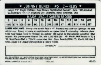 1981 Perma-Graphics Superstar Credit Cards (125- prefix) #125-001 Johnny Bench Back
