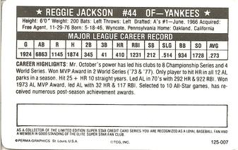 1981 Perma-Graphics Superstar Credit Cards (125- prefix) #125-007 Reggie Jackson Back