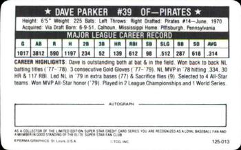 1981 Perma-Graphics Superstar Credit Cards (125- prefix) #125-013 Dave Parker Back