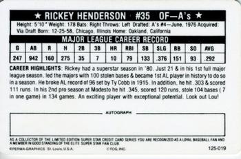 1981 Perma-Graphics Superstar Credit Cards (125- prefix) #125-019 Rickey Henderson Back