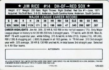 1981 Perma-Graphics Superstar Credit Cards (125- prefix) #125-023 Jim Rice Back
