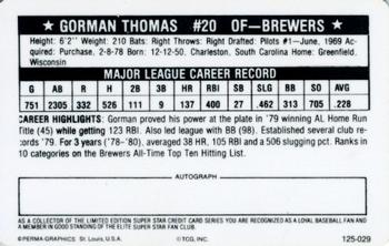 1981 Perma-Graphics Superstar Credit Cards (125- prefix) #125-029 Gorman Thomas Back