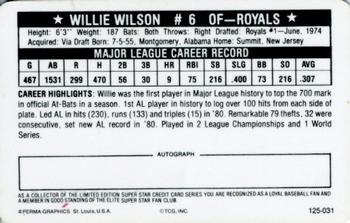 1981 Perma-Graphics Superstar Credit Cards (125- prefix) #125-031 Willie Wilson Back