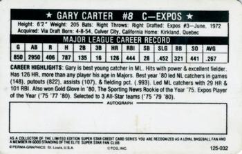 1981 Perma-Graphics Superstar Credit Cards (125- prefix) #125-032 Gary Carter Back