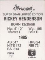 1986 Dorman's Super Stars #NNO Rickey Henderson Back