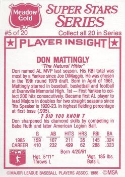 1986 Meadow Gold Stat Back #5 Don Mattingly Back