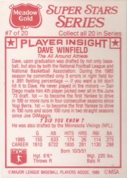 1986 Meadow Gold Stat Back #7 Dave Winfield Back