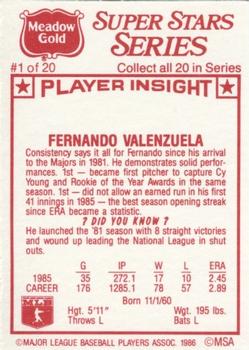1986 Meadow Gold Stat Back #1 Fernando Valenzuela Back