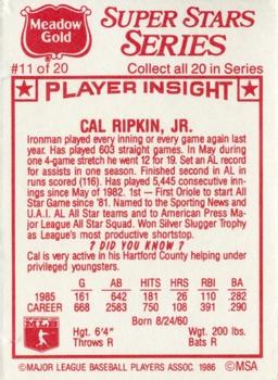 1986 Meadow Gold Stat Back #11 Cal Ripken, Jr. Back