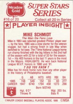 1986 Meadow Gold Stat Back #16 Mike Schmidt Back