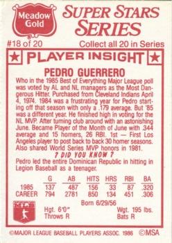 1986 Meadow Gold Stat Back #18 Pedro Guerrero Back