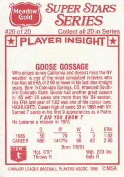 1986 Meadow Gold Stat Back #20 Goose Gossage Back