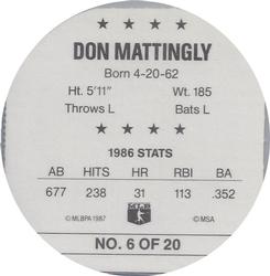 1987 Weis Winners Discs #6 Don Mattingly Back