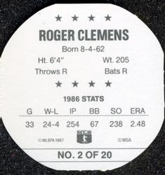 1987 Weis Winners Discs #2 Roger Clemens Back